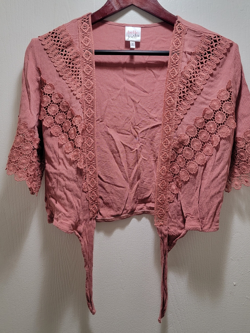 Belle Du Jour Rose-Brown Crochet Trim Open Front Cardigan